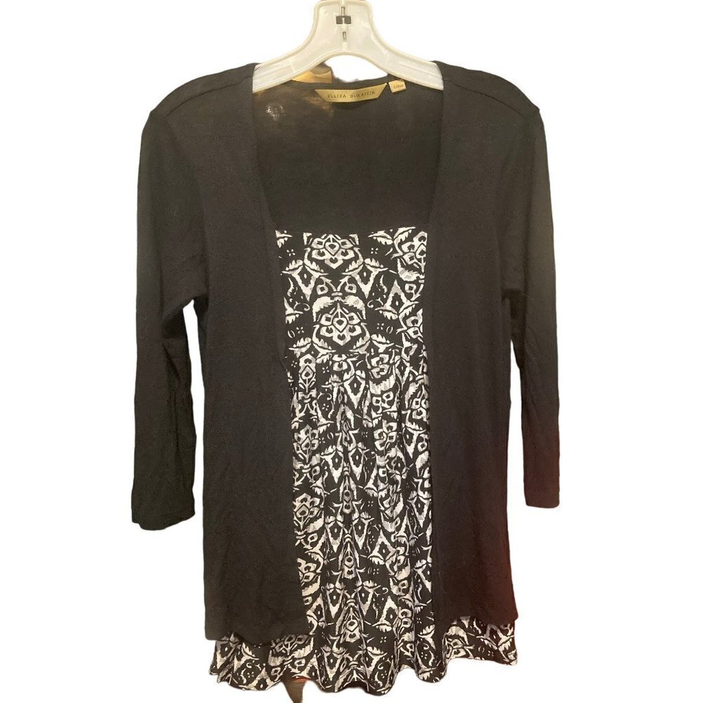 Womens ELLIZA DONATEIN Knit Black White Top Shirt Size Small Square Neck 3/4 Slv